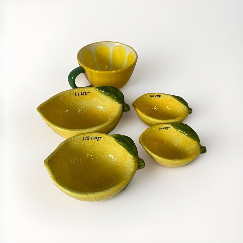 Lemon Shape Ceramic Nesting Measuring Cups (Set of 4) Bonus Coffee Mug Tea Cup
